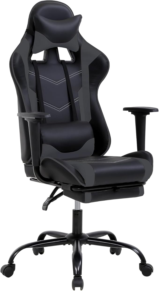 Ergonomic Gaming Chair with Footrest High Back PU Leather Office Desk Chair for Adults Teens Rolling Swivel Computer Chair (Grey)