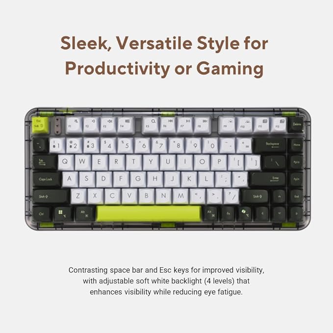 ASUS Jelly75 Wireless Keyboard KD201 – Tri-Mode (BT/2.4GHz/Wired) up to 5 Devices Hot-Swappable 1K Polling Rate Smooth Quiet Typing Windows/MacOS Toggle for Productivity/Gaming – Volt Green