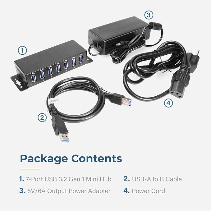 Coolgear 7 Port USB Hub w/Power Adapter - 5Gbps Data ESD Protection Self-Powered with DC Input Mountable Metal Housing