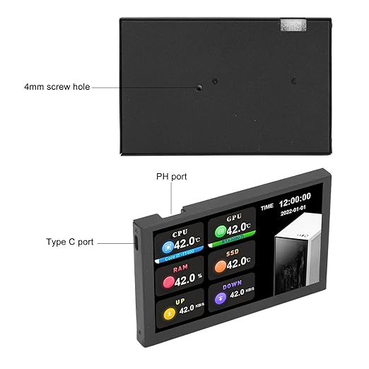 Hilitand 5 Inch USB Mini Screen Type C Sub Screen Computer Temperature Monitor with 800x480 Resolution PC Data Monitor for aida64 (Black)