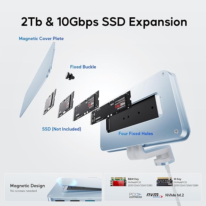 iMac Accessories for iMac24 inch 2021/2023/2024 PULWTOP iMac Hub with M.2 NVMe SSD Enclosurei-Mac USB C Hub USB A/C 10GbpsSD/TFi-Mac USB Adapter for iMac24 M1/M3/M4 or Studio Display 27 inch-Blue