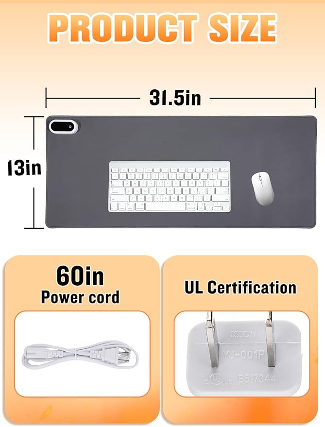 Large Heated Gaming Mouse Pad Gamer Gifts - 5 Levels Heating &amp Timed Auto Shut-Off Heated Desk Pad Mat for Keyboard Winter Gaming Accessories Gifts for Men Boy Women 31.5''x13'' Grey