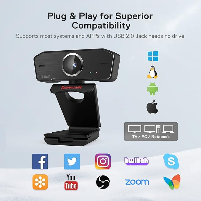 Redragon GW800 1080P PC Webcam with Built-in Dual Microphone 360° Rotation - 2.0 USB Computer Web Camera - 30 FPS for Online Courses Video Conferencing and Streaming