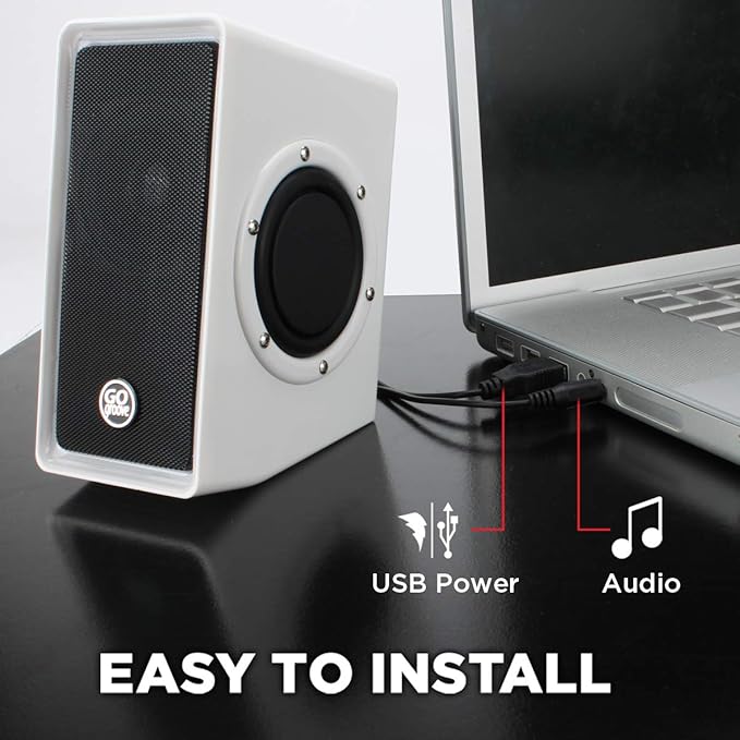 GOgroove Gaming Computer Speakers with Blue LED Light - SonaVERSE O2i Speakers for Desktop Laptop PC - USB Speaker 2.0 with AUX Input in-Line Volume Control Bass Stereo Sound 14W (White)