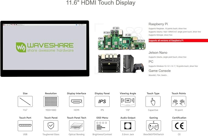 waveshare 11.6inch Capacitive Touch LCD Screen Compatible with Raspberry Pi4B/3B+/3A+/2B/B+/A+/Zero/Zero W/WH/Zero 2W CM3+/4 1920×1080 Resolution HDMI IPS Supports Jetson Nano/Windows