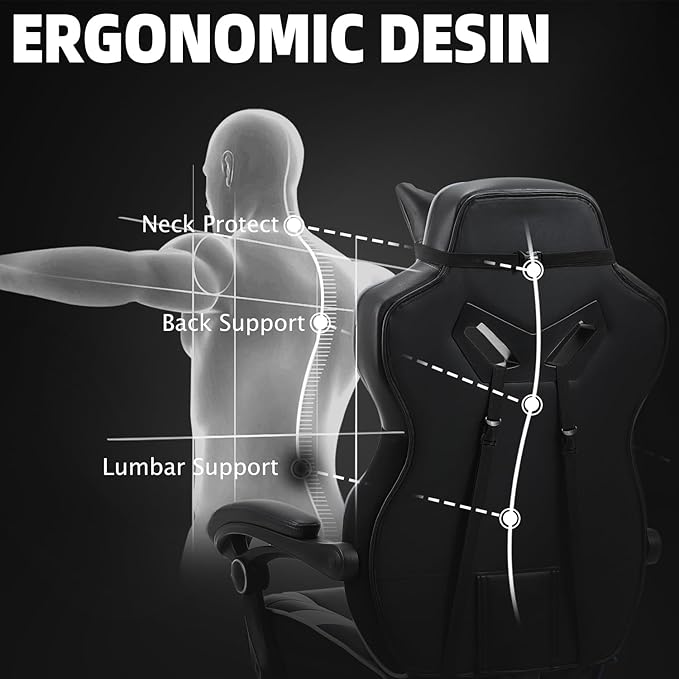 Vonesse Gaming Chair Big and Tall Gaming Chair with Footrest and Massage Gaming Chairs for Adults with Lumbar Support Ergonomic High Back Computer Chair with Pocket Spring Cushion (Grey/Black)