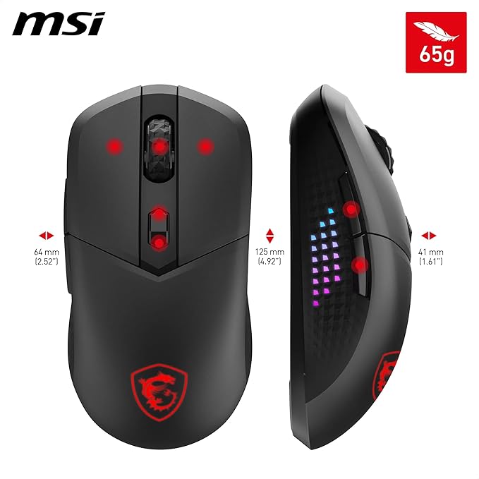 msi Versa 300 Elite Wireless Gaming Mouse - 26000 DPI Optical Sensor 1000 Hz Polling Rate Symmetrical 60M+ Click OMRON Switches 6 Buttons 200-Hour Battery 1ms Latency RGB 65g - Wired/Wireless