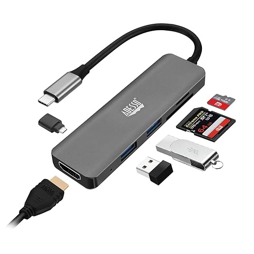 Adesso USB C Docking Station Multiport Adapter Dongle Type C Hub HDMI Support 4K@30Hz PD Charging 2*USB SD/TF Card Reader for MacBook Windows Laptop (TAA Compliant)