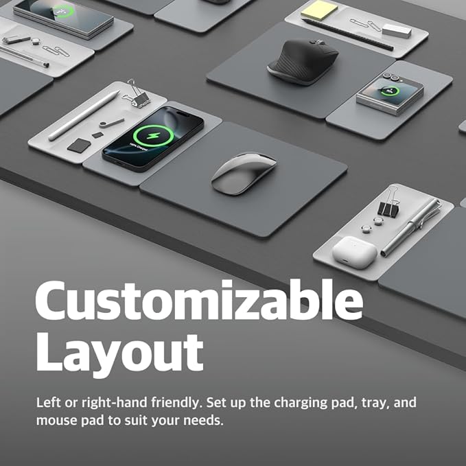 POUT H3 Split Max 3-in-1 Wireless Charging Mouse Pad – Fast Qi Charger Mousepad Mat and Magnetic Tray Organizer – Compatible with Smartphones and Earbuds (Graphite Grey)