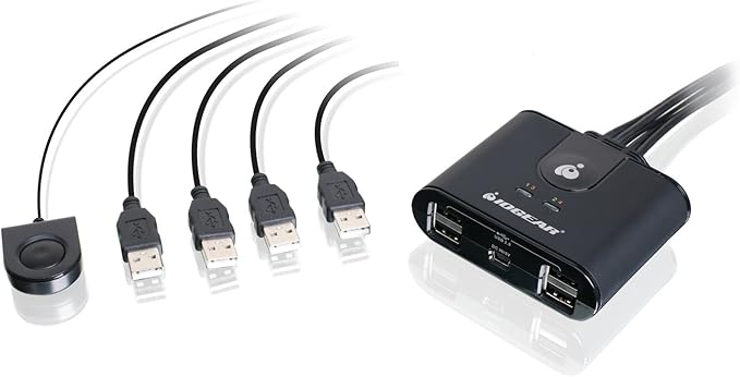 IOGEAR USB 2.0 4x4 Peripheral Switching Hub - 4 PC Share To 4 USB Devices - Up To 480Mbps - Mobile Devices Charging - Mouse/Keyboard - Printer - Scanner - EX HD &amp More-LED Indicators w/Remote - GU
