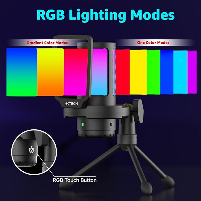 IXTECH USB Gaming Microphone for PC RGB Condenser Microphone with Tripod Stand Pop Filter Rotate Gain Button and Quick Mute Noise Cancellation Computer Mic for Streaming Gaming Podcasting