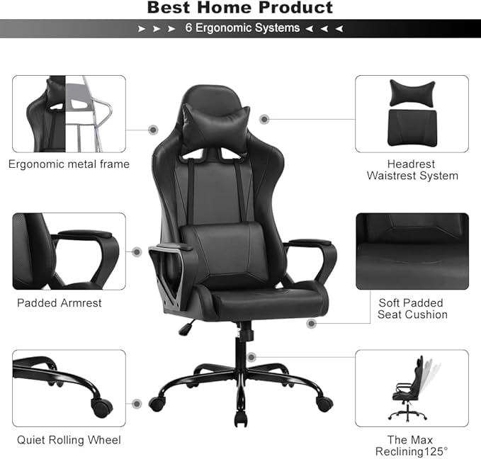 Ergonomic Gaming Chair High Back PU Leather Office Chair with Adjustable Lumbar Support &amp Headrest – Swivel Computer Desk Chair for Adults Teens Kids – Heavy Duty Executive Red Game Chair - Bla