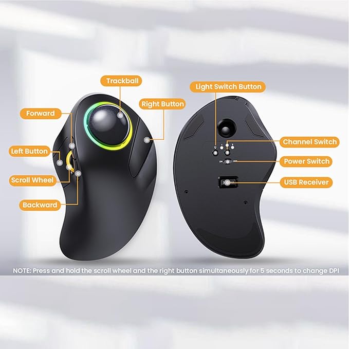 JOMAA Wireless Bluetooth Computer Trackball Mouse with RGB BacklightFinger Control 3 Device Switch Silent Rechargeable Ergonomic Drawing Office Mouse for Laptop Desktop Computer Tablet Phone