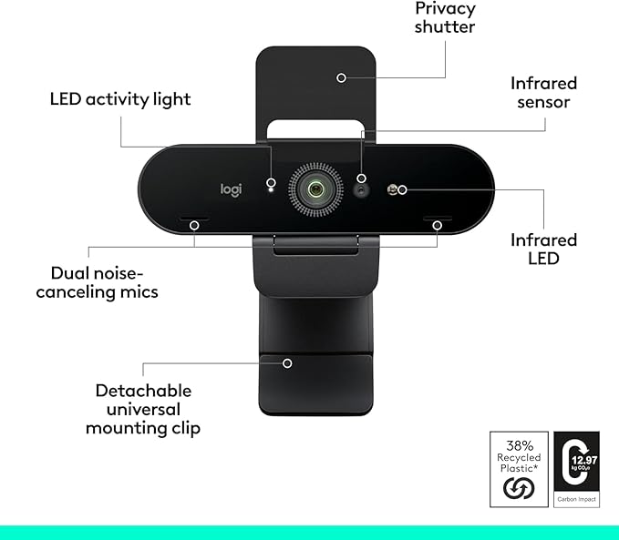 Logitech Brio 4K Webcam Video Calling Noise-Cancelling mic HD Auto Light Correction Wide Field of View Windows Hello Works with Microsoft Teams Zoom Google Meet PC/Mac/Laptop/MacBook/Tablet