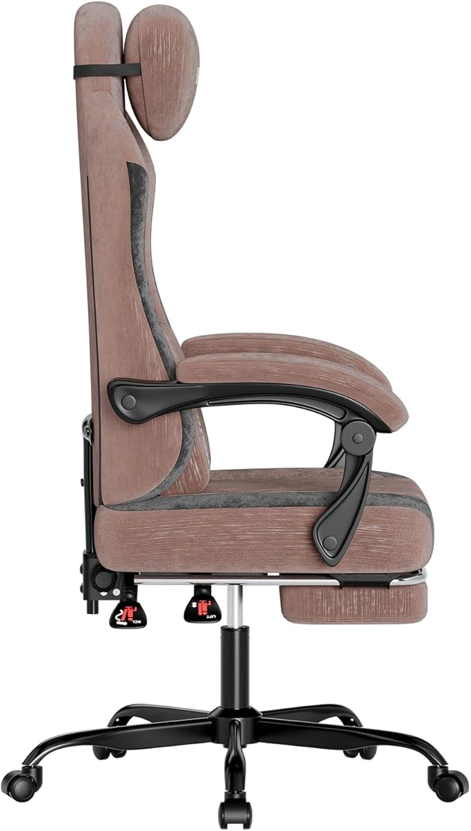 SUKIDA Fabric Video Gaming Chair Ergonomic High-Back Computer Game Chairs with Large Massage Adjustable Lumbar Support Headrest and Linked Armrests for Long Hours Sitting Task Chair Brown