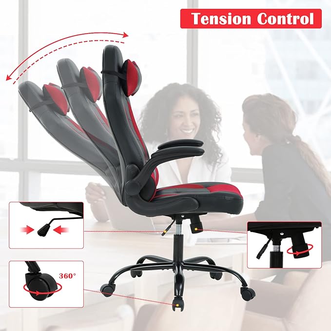PC Gaming Chair Ergonomic Computer Chair High Back Office Chair with Lumbar Support&amp Headrest Adjustable Task Rolling Swivel Executive Desk Chair Racing Style Leather Gaming ChairRed