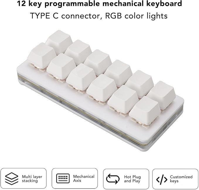 Zunate 12 Key Mechanical Gaming Keyboard One Handed Macro Customized OSU Keyboard USB C Wired Programmable RGB Backlit Keyboard for PC (White)
