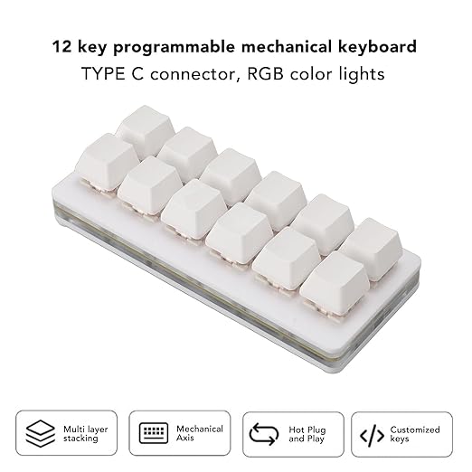 One Handed Macro Mechanical Keyboard 12 Keys Hot Swappable RGB Gaming Keypad Programmable Mini Red Switch Keyboard for OS X for for Pi (White)