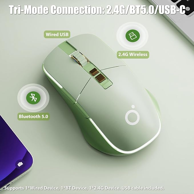 Wireless Gaming Mouse Tri-Mode 2.4Ghz/Bluetooth 5.0/Wired USB-C with RGB LED Backlit 5-Level DPI Rechargeable Ergonomic Silent Optical Mice for iMac/MacBook/Computer/Laptop Matcha Green