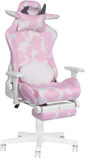 Techni Sport Gaming Chair - Pink Cow Print - Ergonomic Computer Chair with Fold-Away Footrest Memory Foam Lumbar Support Adjustable Armrests Reclining Back Horns &amp Ears Pillow 300 lbs Capaci