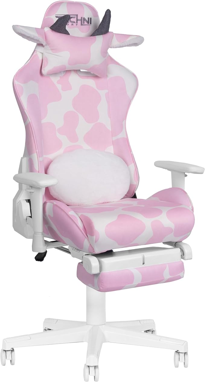 Techni Sport Gaming Chair - Pink Cow Print - Ergonomic Computer Chair with Fold-Away Footrest Memory Foam Lumbar Support Adjustable Armrests Reclining Back Horns &amp Ears Pillow 300 lbs Capaci