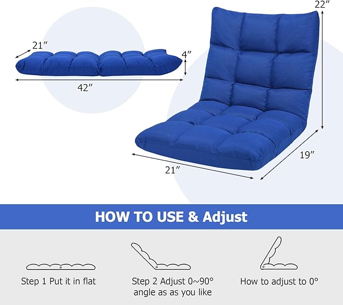 ERGOMASTER Floor Chair with Back SupportAdjustable Folding Gaming Chair 14-Position Cushioned Lazy Sofa for TV Reading MeditatingGaming for Adults(Navy Blue)