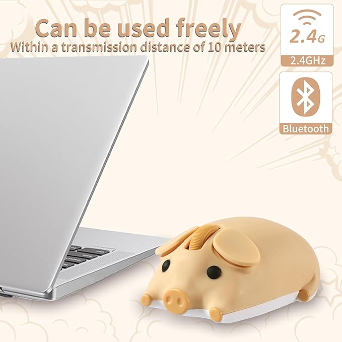 Cute Bluetooth Wireless Mouse with 2.4GHz USB Receiver Cartoon Pig Dual Mode Computer Mouse Silent Clicks Optical Mice for Laptops Mac iPad PC Chromebook Office Students Home Gift(Yellow)