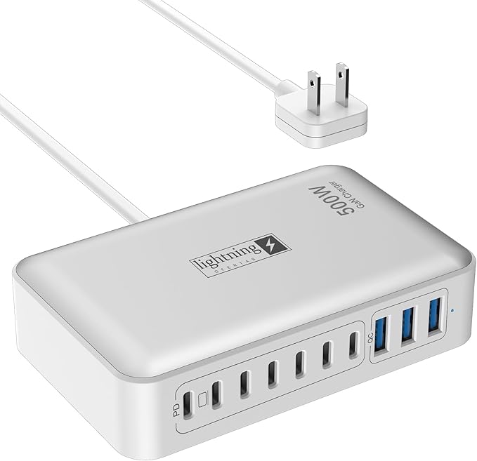 Charging Station for Multiple Devices 500W 10 Ports Charging Blocks for Laptops/Tablets/Cellphones 140W Max GaN Charger Super Fast Charging for MacBook Ipad iPhone Power Adapter for Travel