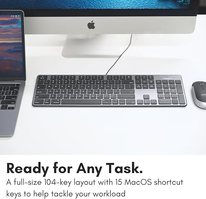 Macally Slim USB Wired Keyboard for Mac - Compatible Full Size Apple Keyboard with 104 Key Layout &amp 16 Shortcut Keys - Scissor Keycaps for Tactile Typing for Mac mini MacBook Pro/Air iMac