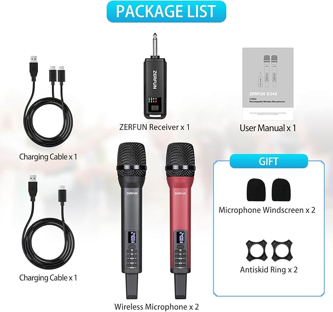 Dual Rechargeable Wireless Microphones Pro Handheld Cordless Mics System with Echo Treble BASS VOL Control for Karaoke Singing Church Party 1/4'' Output Grey&ampRed