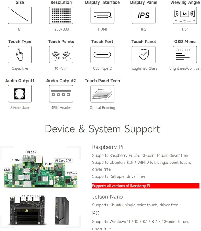 Waveshare 8inch Capacitive Touch LCD IPS Display Without Back Case 1280×800 Resolution HDMI Interface Compatible with Raspberry Pi 4B/3B+ etc. Support Jetson Nano/PC