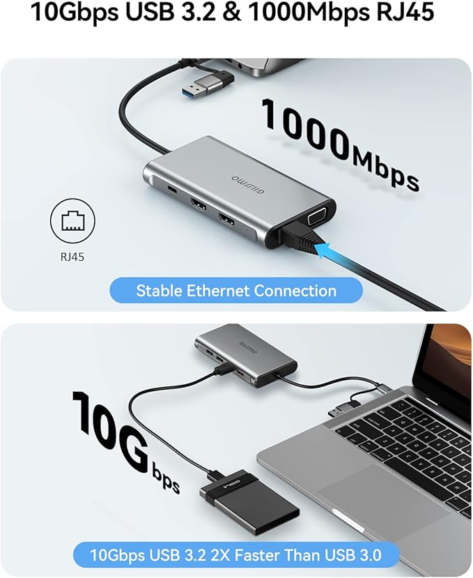 USB Docking Station Dual Monitor GIISSMO 9-in-1 USB A 3.0 / USB C Docking Station Triple Monitor with 2 HDMIVGA 10Gbps USB 3.1 Gigabit Ethernet Triple Display for Mac &amp MacBook &amp Windows