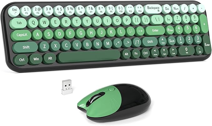 Wireless Keyboard and Mouse Combo MOWUX Compact Typewriter Retro Round Computer Keyboard Cute Optical Mouse Wireless Plug and Play for Laptop PC Computer- Black Green Gradient