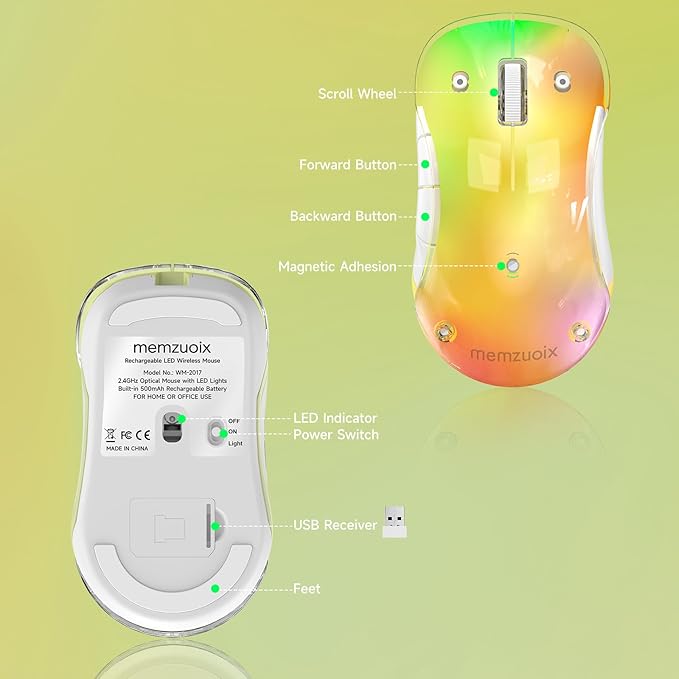 memzuoix 2.4G Wireless Mouse with Customizable Cover &amp 9-Color LED - Rechargeable Ergonomic 1400 DPI 5 Buttons USB Receiver for PC/Mac - Yellow