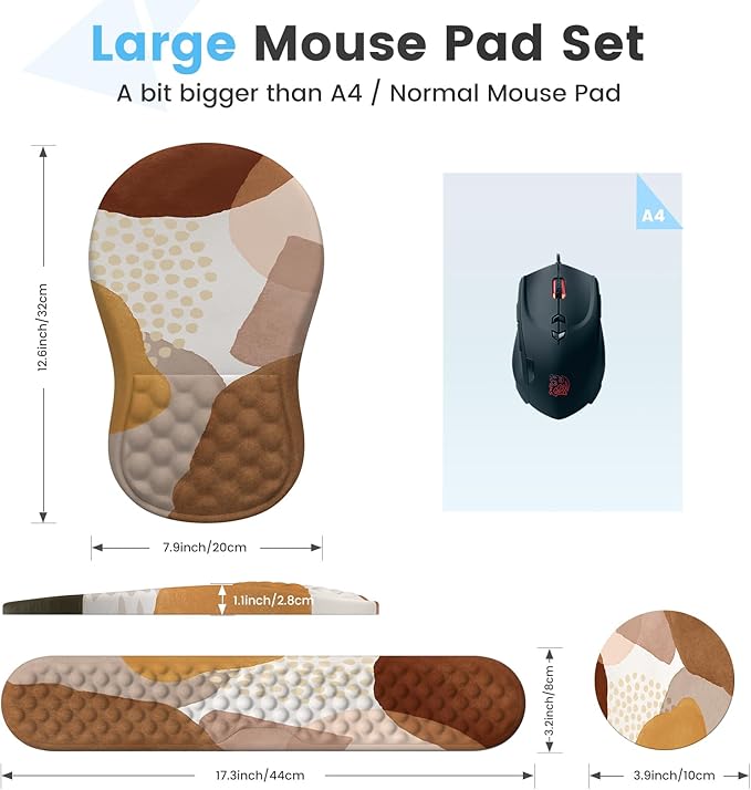 HAOCOO Ergonomic Mouse Pad with Wrist Support and Keyboard Pad Set 3 PCS Computer Carpal Tunnel Mouse Pads for Desk with Coaster Memory Foam Mousepad for Home Office Brown Boho