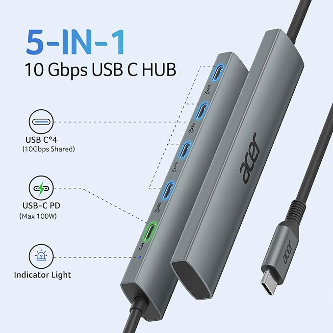 Acer 10 Gbps USB C Hub USBC Splitter with 4*USB C 3.2 and 100W PD Port Fast Transfer Type-C Multiport Adapter Compatible with MacBook Pro/M2/M1 iPad Surface Pro XPS【No Video Output】