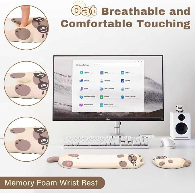 Keyboard Wrist Rest and Mouse Pad Set Wrist Rest for Keyboard and MouseWrist Support for KeyboardNon-Slip Base Memory Foam Wrist Pad for Gaming Home OfficePain Relief(Cute CatOff-White)