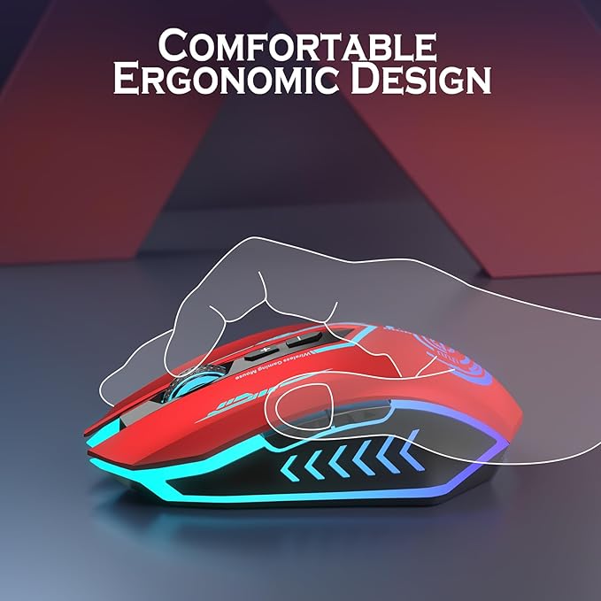 UHURU Gaming Mouse Wireless Gaming Mouse with 7 Buttons 7 Changeable LED Color up to 12000 DPI Rechargeable USB Gamer Mouse for PC Laptop (Red)