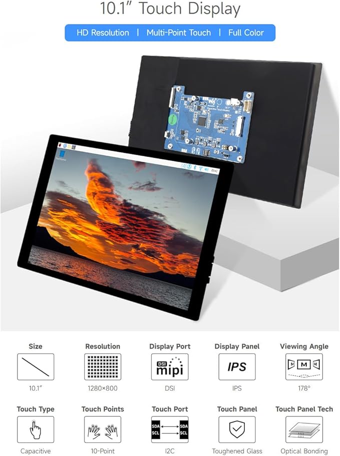 waveshare 10.1inch Capacitive Touch Display Compatible with Raspberry Pi 5/4B/3B+/3A+ CM3/3+/4* 1280×800 IPS DSI Interface