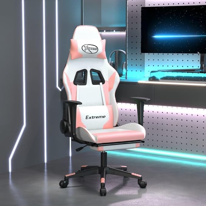 vidaXL White and Pink Gaming Chair with Adjustable Armrests Reclining Mechanism Faux Leather Design for Office Use Modern Ergonomic Footrest Included Chairs Swivel Racing Desk