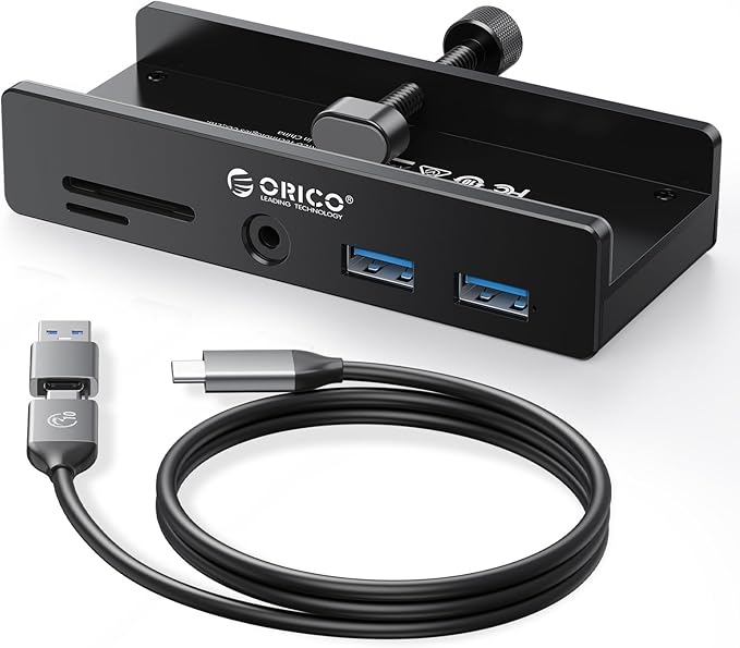ORICO USB Hub 3.0 Clamp USB Hub with Extra Power Port Aluminum USB C Adapter with 2 USB-A Data Ports3.5mm AUX SD/TF Card Reader for Desktop(Black)