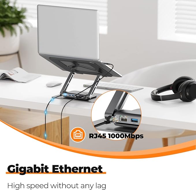 Tobenone Laptop Docking Station Stand for MacBook Pro/Air/Dell/HP/Surface/Lenovo Mac Docking Station with 4K HDMI USB 3.0 RJ45 PD 3.0 USB C Laptop Stand Hub for Desk with 360 Rotating Base Grey