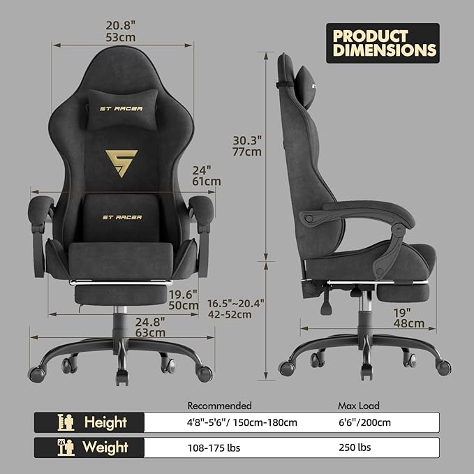 Soontrans Black Velvet Fabric Gaming Chair with Footrest Reclining Office Computer Desk Game Chairs with Massage Lumbar CushionHeadrestErgonomic Comfortable Video Gamer Chair for Adult