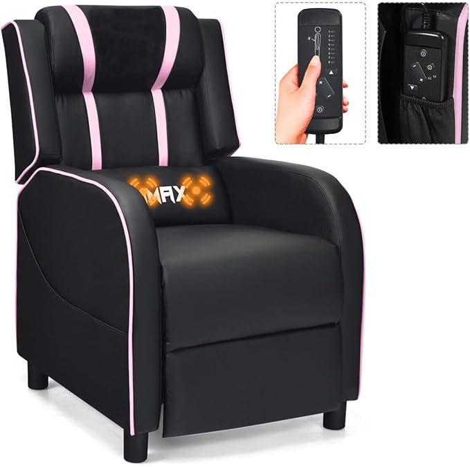 8AM Office Gaming Massage Recliner Sofa Ergonomic PU Leather Gaming Recliner Sofa with Footrest Lumber Support Side Pouch &amp Remote Control for Gaming Living Room Theater (Pink)