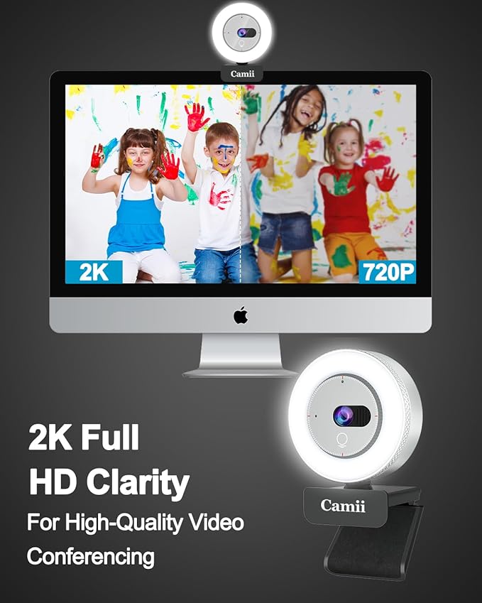 Camii 2K Webcam with Light HD Webcam for PC with Built-in Privacy Cover Adjustable Brightness Noise Reduction Mics for Zoom Skype Teams Laptop and Google Meet