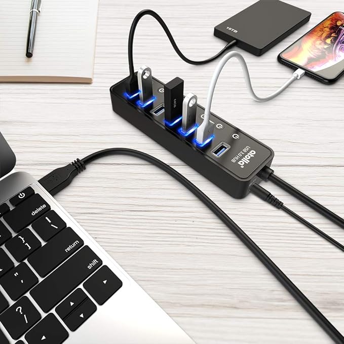 Powered USB Hub 3.0 Atolla 7-Port USB Data Hub Splitter with One Smart Charging Port and Individual On/Off Switches and 5V/4A Power Adapter USB Extension for MacBook Mac Pro/Mini and More.