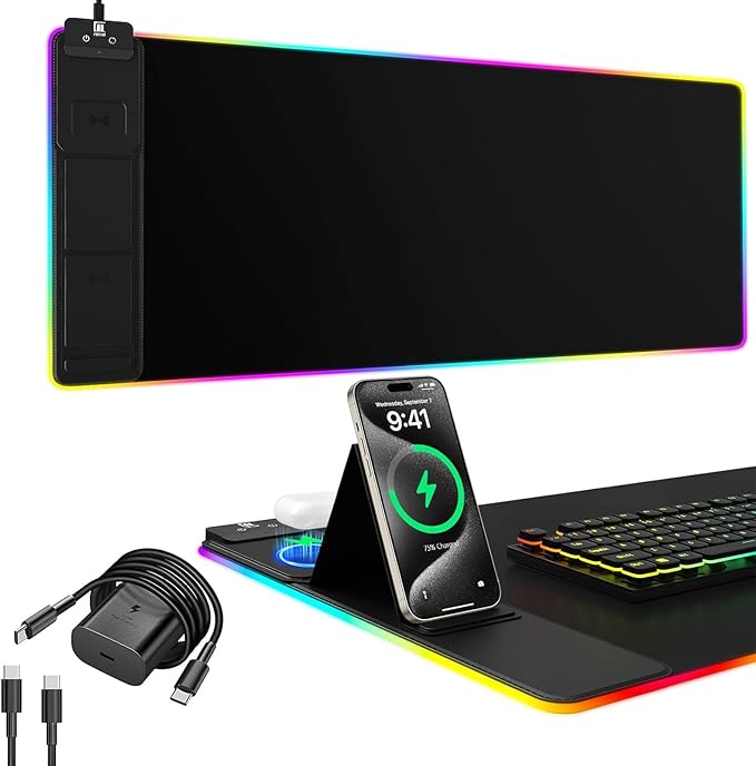 Mouse Pad with Foldable Phone Holder Wireless Charging Desk Mat RGB Gaming Mousepad Large Desk Pad with Non-Slip Base Waterproof Keyboard Pad Classic Black (XXL Stand Black PD Adapter)