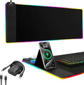 Mouse Pad with Foldable Phone Holder Wireless Charging Desk Mat RGB Gaming Mousepad Large Desk Pad with Non-Slip Base Waterproof Keyboard Pad Classic Black (XXL Stand Black PD Adapter)