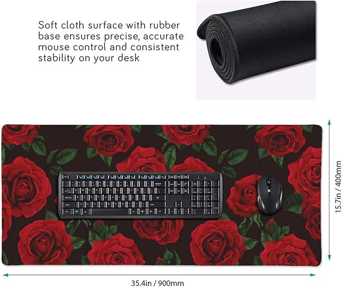 Rose Red Flower Large Mouse Pad Gaming Mousepad with Wrist Support Rubber Computer Keyboard Mat for Desk Laptop Non-Slip Full Deskmat Protector Waterproof Writing Pad Office Home 16x35.5 in