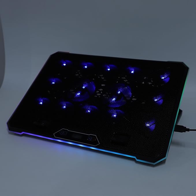 Laptop Cooling Pad RGB 10 Lighting Modes Ergonomic Design 8-Level Height Dual USB Ports for 12-19 Inch Laptops Supports Phone Stand Built from ABS and Aluminum (14 Fans)